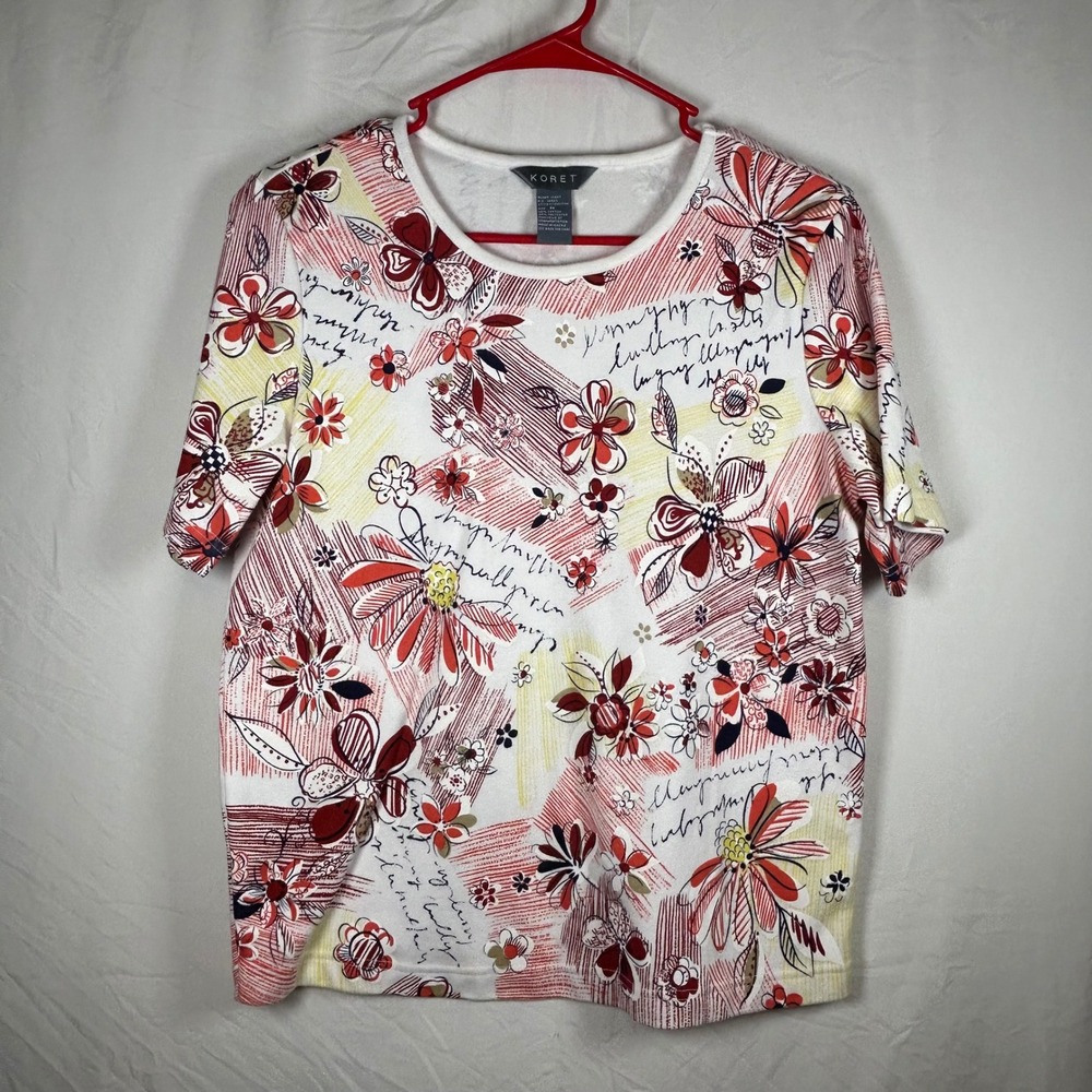Koret Womens Floral‎ Script Print Short Sleeve Crew Neck Top White Red Size M